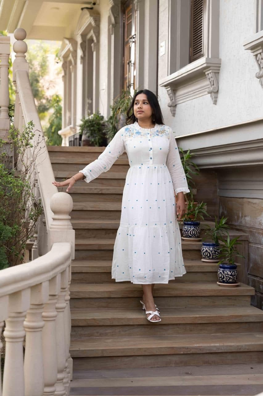 White with Blue Embroidery