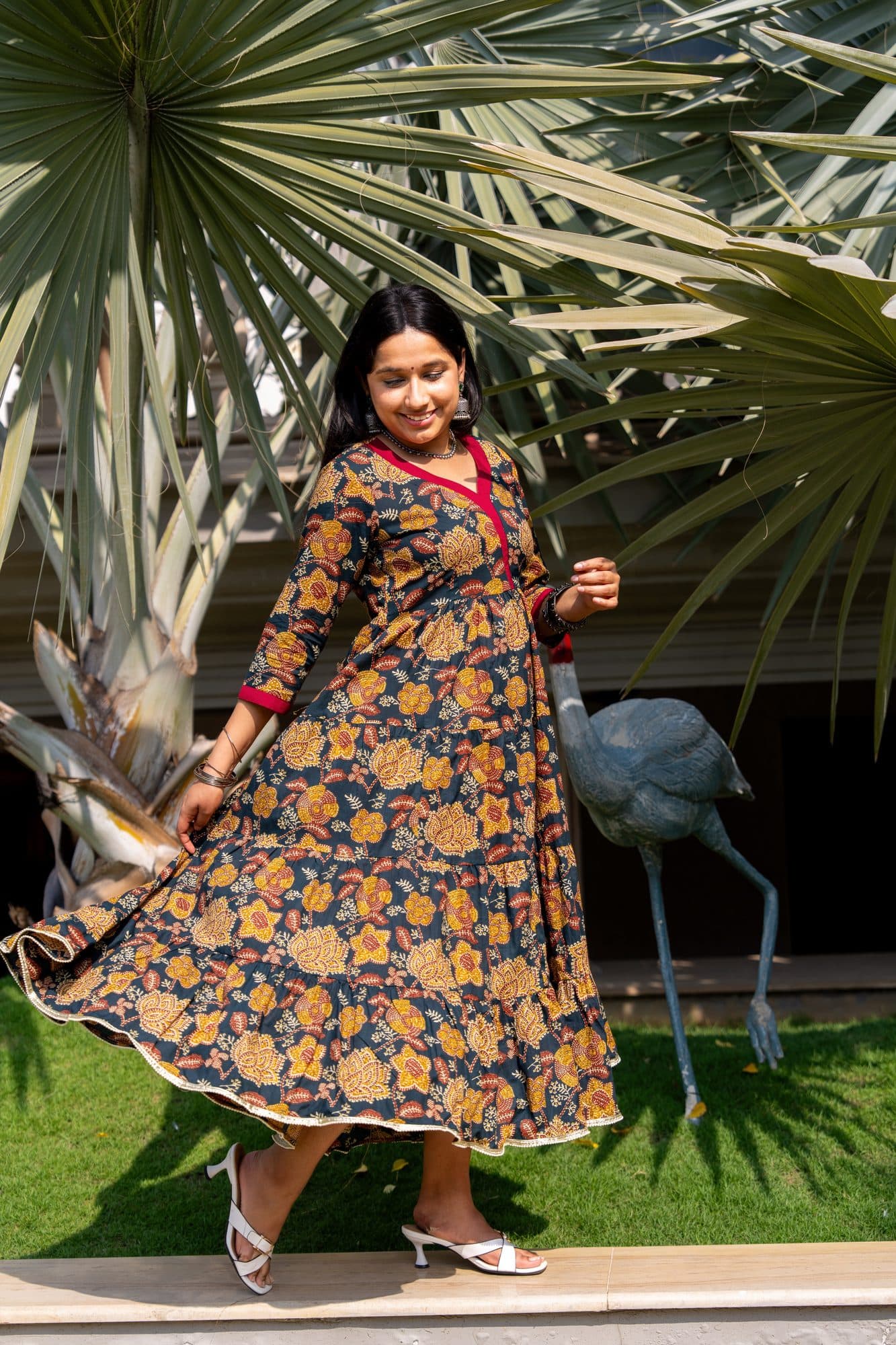 Aarini Midnight Floral Cotton Dress in Black Floral