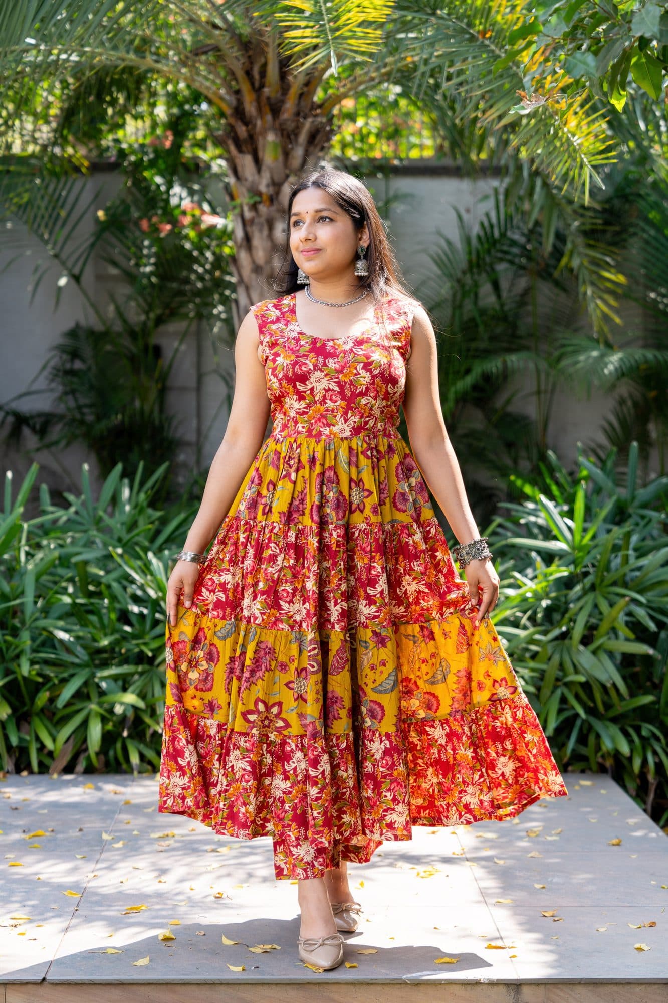 Rangrez Floral Tiered Cotton Dress in Red & Mustard Yellow