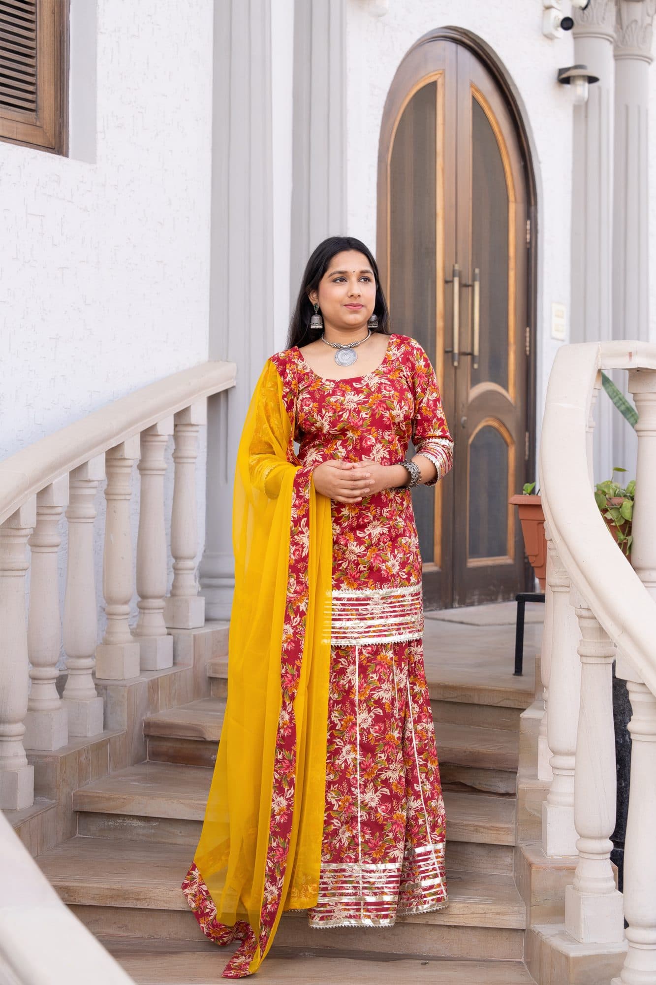 Gul Rang Lehenga Set in Red & Mustard Yellow