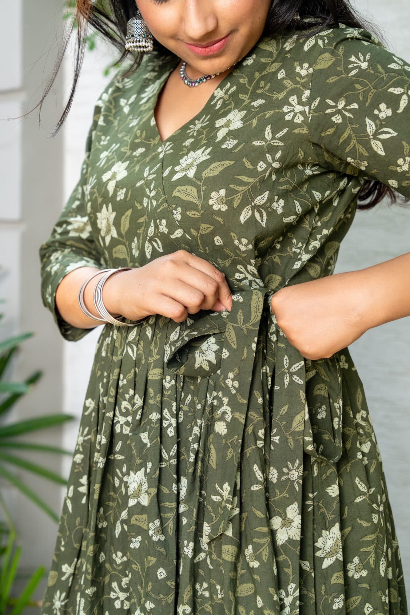 Zariya Olive Floral Cotton Co-Ord Set in Olive Green