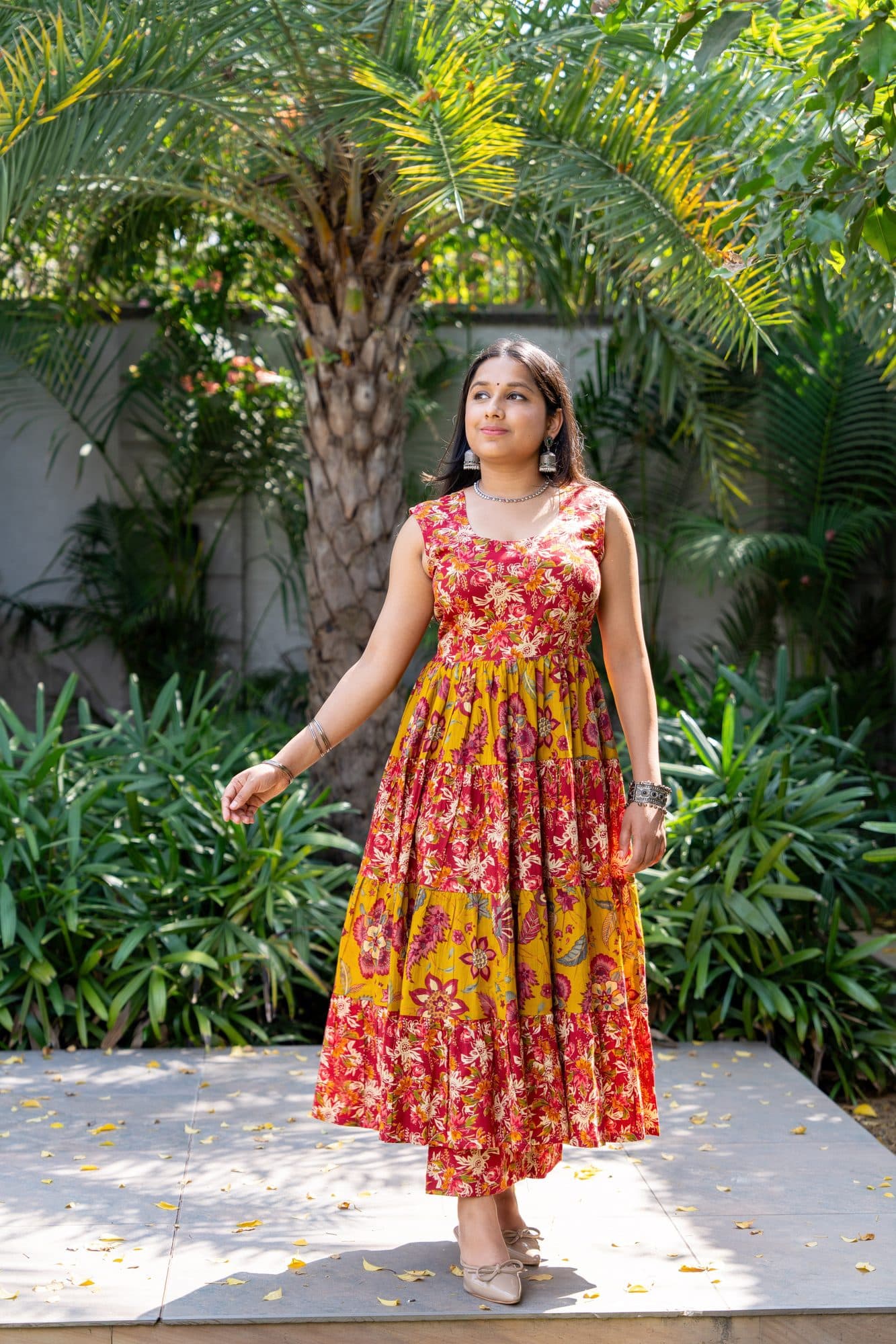 Rangrez Floral Tiered Cotton Dress in Red & Mustard Yellow