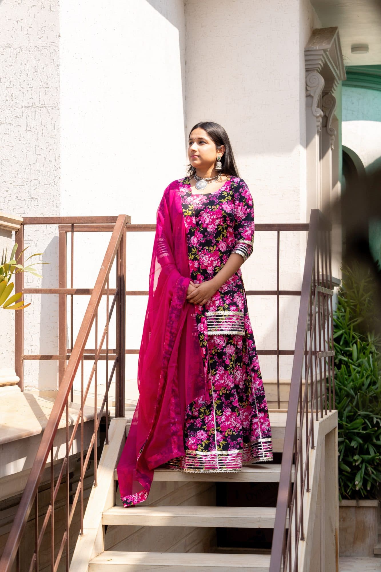 Gulbahar Black Floral Suit Set in Floral Pink