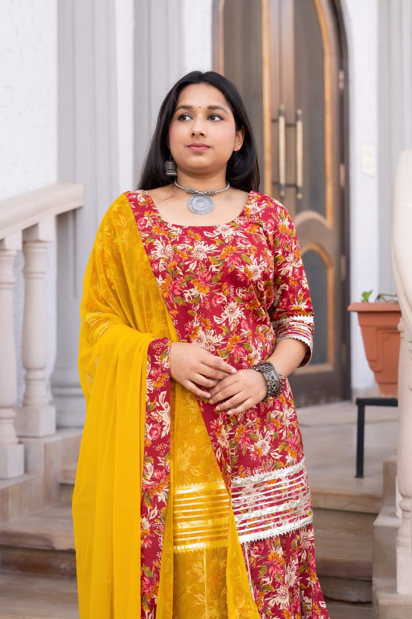 Gul Rang Lehenga Set in Red & Mustard Yellow