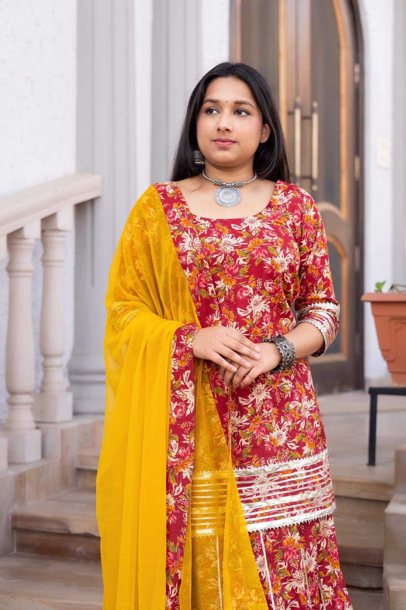 Gul Rang Lehenga Set in Red & Mustard Yellow