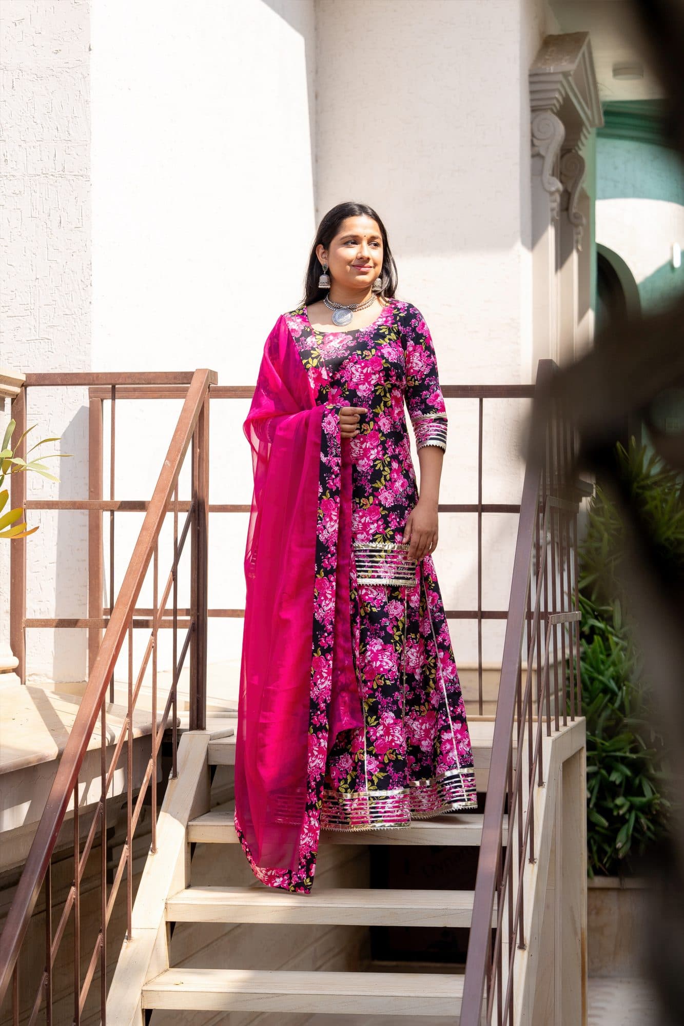 Gulbahar Black Floral Suit Set in Floral Pink