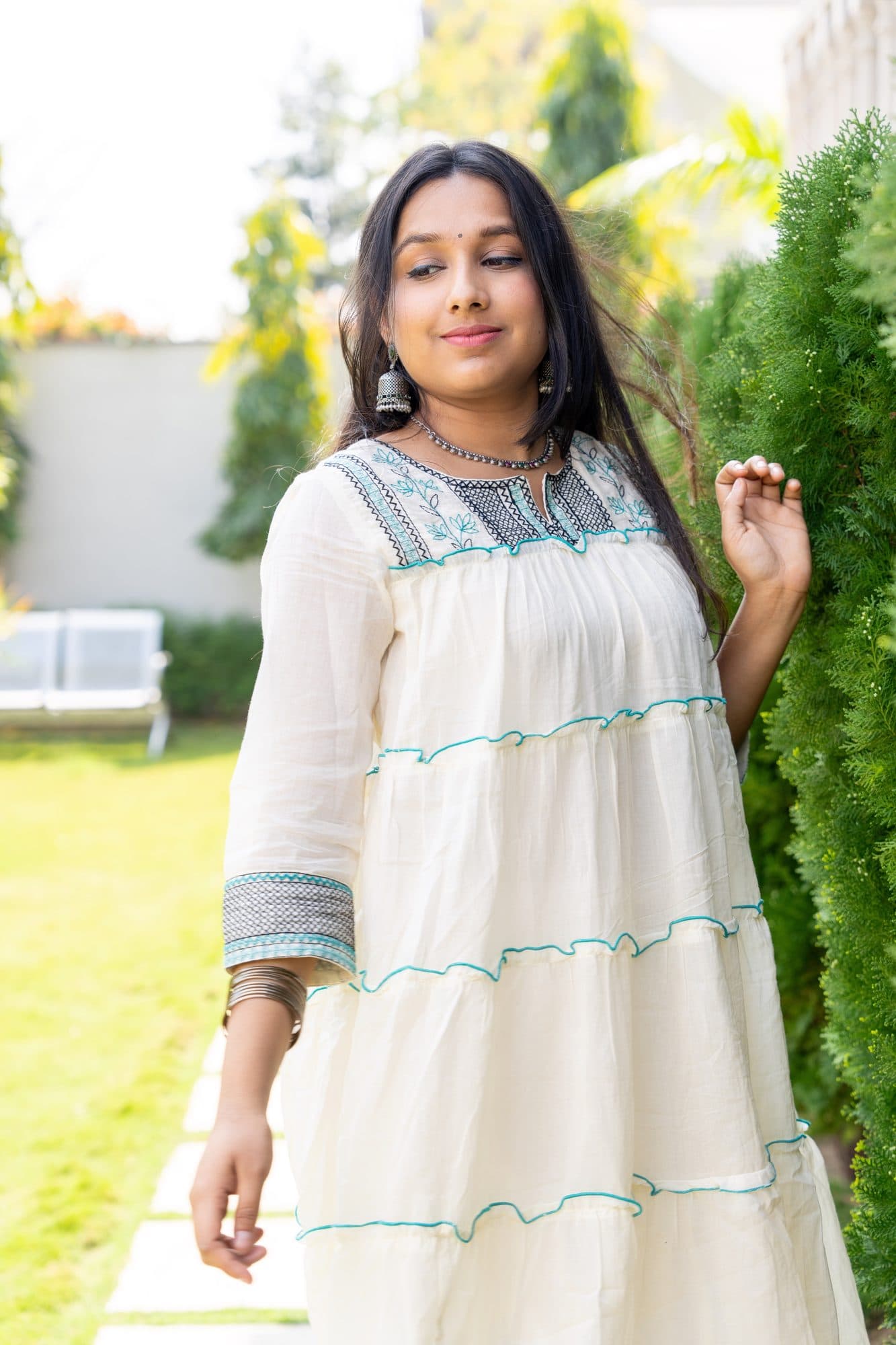 Meher Ivory Tiered Cotton Dress in Ivory White