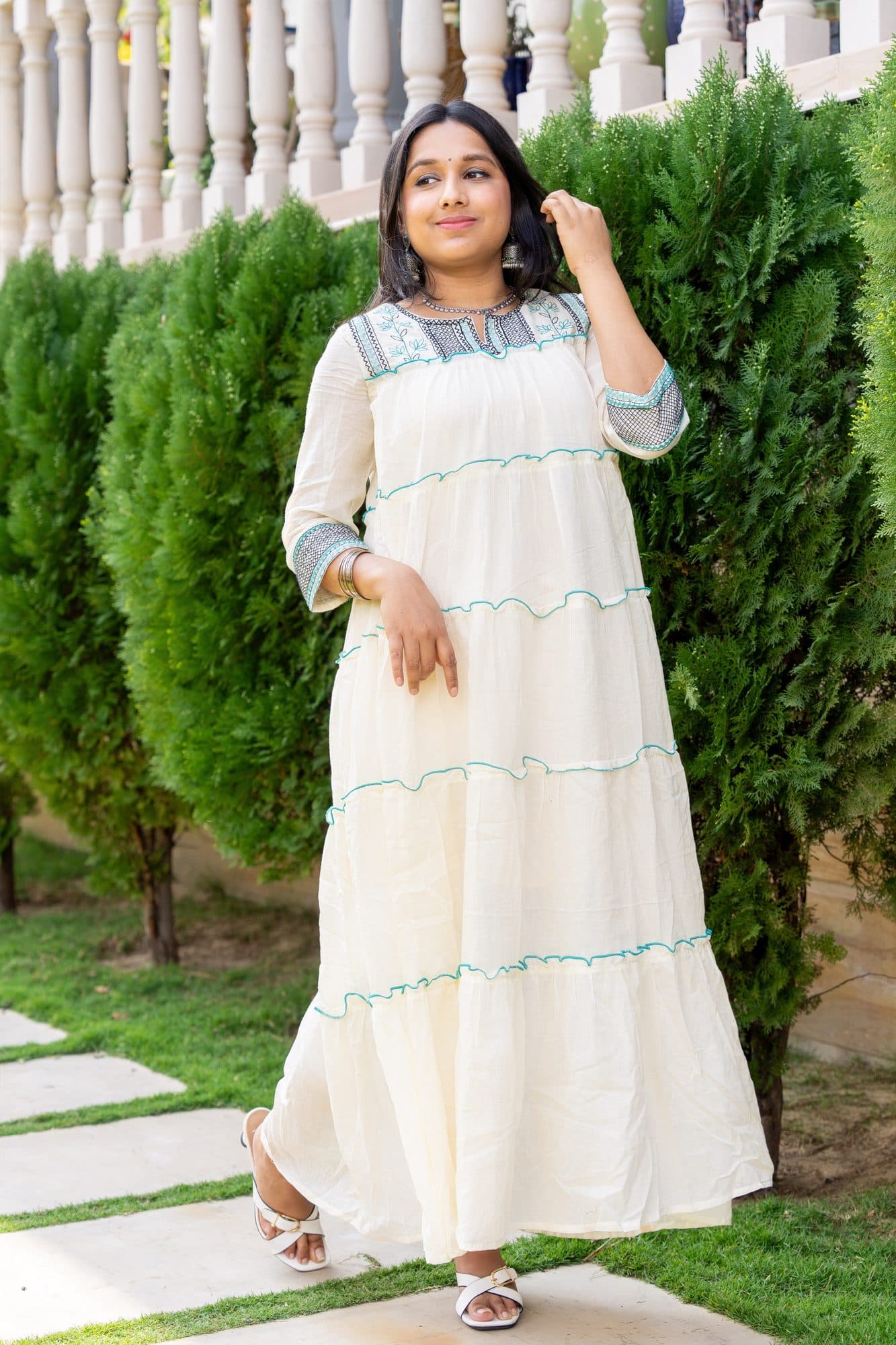 Meher Ivory Tiered Cotton Dress in Ivory White