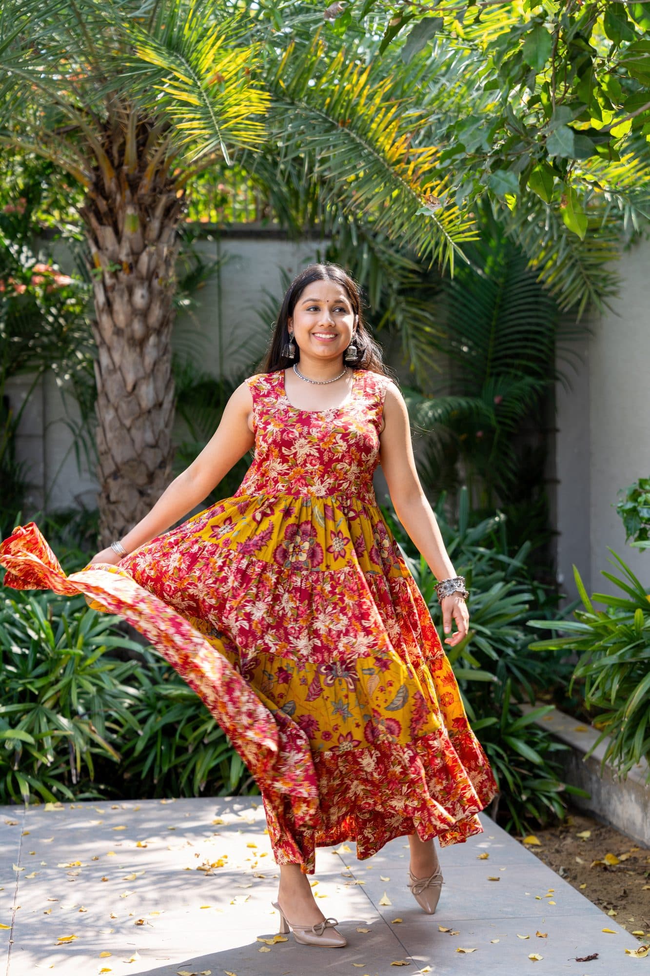 Rangrez Floral Tiered Cotton Dress in Red & Mustard Yellow